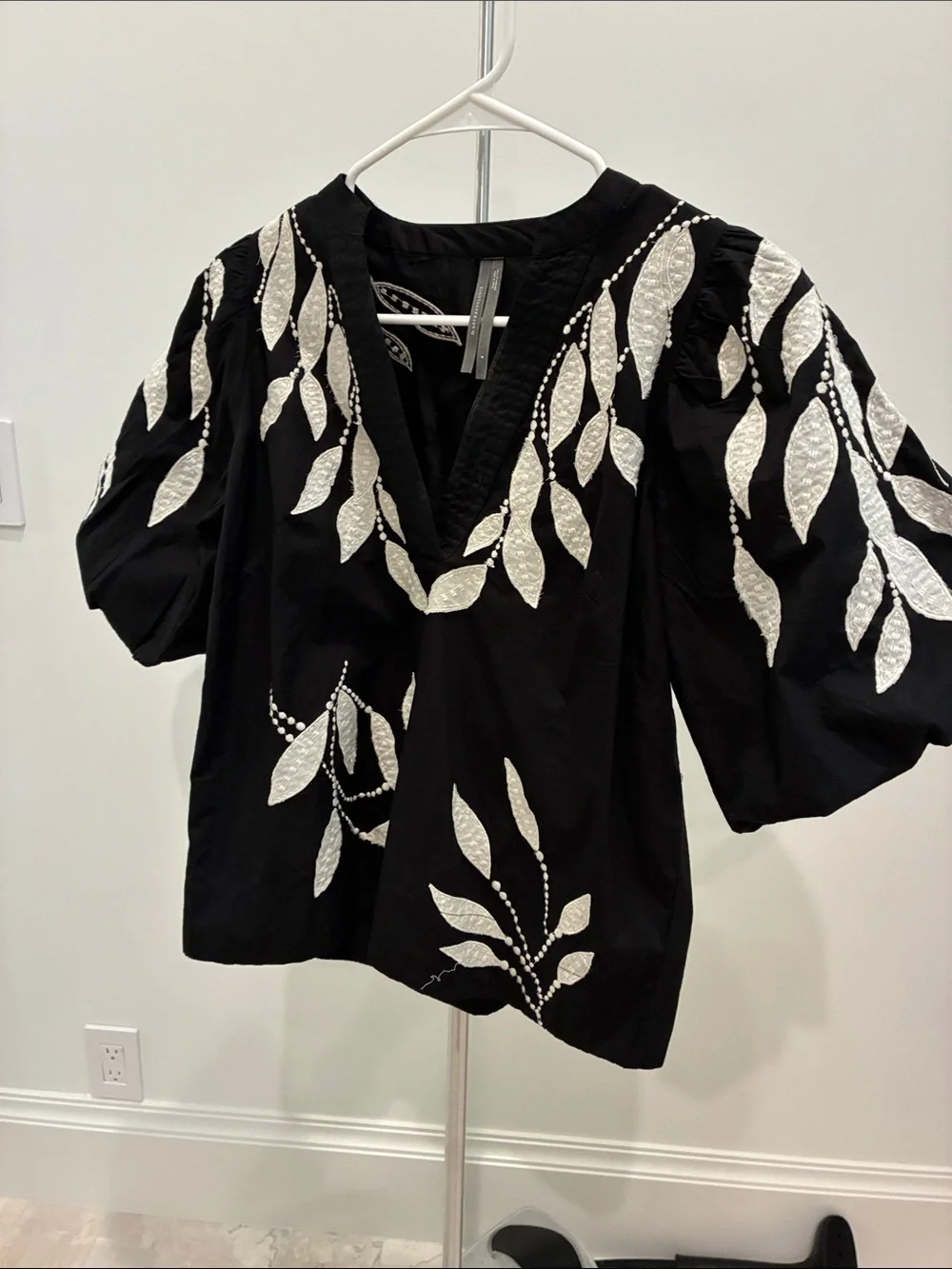 Anthropologie Black Puff-Sleeve Top with White Leaf Embroidery